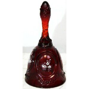 Fenton ruby Red Glass Bell Handpainted White Roses Signed Frida Huhhoud Embossed